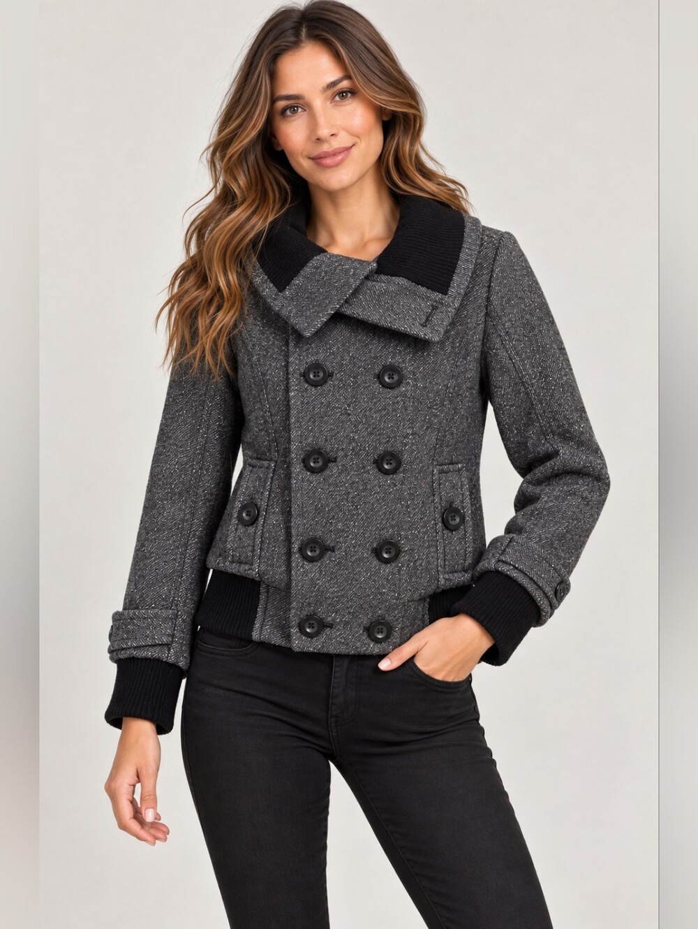 Talula Aritzia Charcoal Grey Wool Blend Double-Breasted Jacket